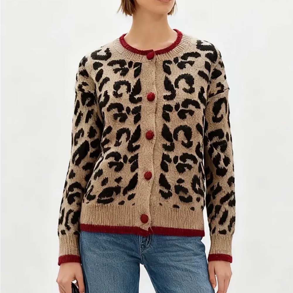 Chic Leopard Print Cardigan with Red Accents